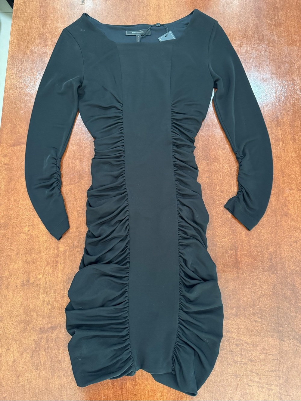 BCBGMaxAzria “Janeeva” Black Long-Sleeve Ruched Bodycon Dress